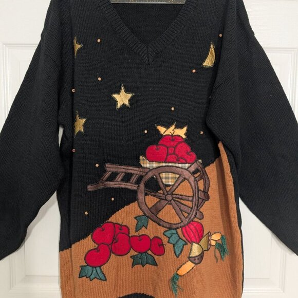 Vintage Apple Picking Sweater Womens Size Large Black Beaded V Neck Pullover - Picture 2 of 10